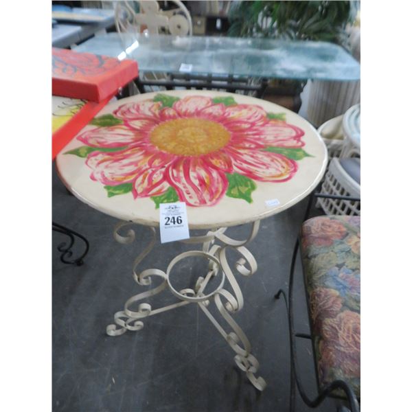 Ornate Metal Base Floral Painted Round Bistro Table