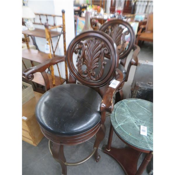 Carved Mahogany Swivel Padded Bar Stools (2)