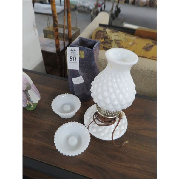 Milk Glass Lamp And Painted Urn