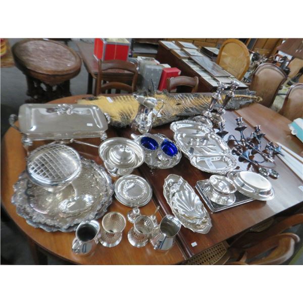 Silverplate Platter, Pitchers, Chafing Dish & Candlestands