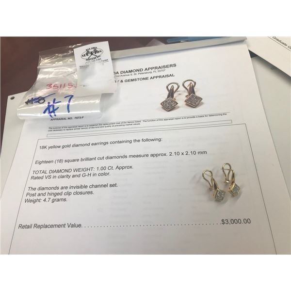 18K YG Diamond Earrings w/18 Square Diamonds 4.7g - Replacement Value $3,000.00