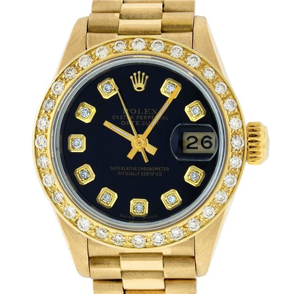 Rolex Ladies 18K Yellow Black Diamond President Wristwatch 26MM