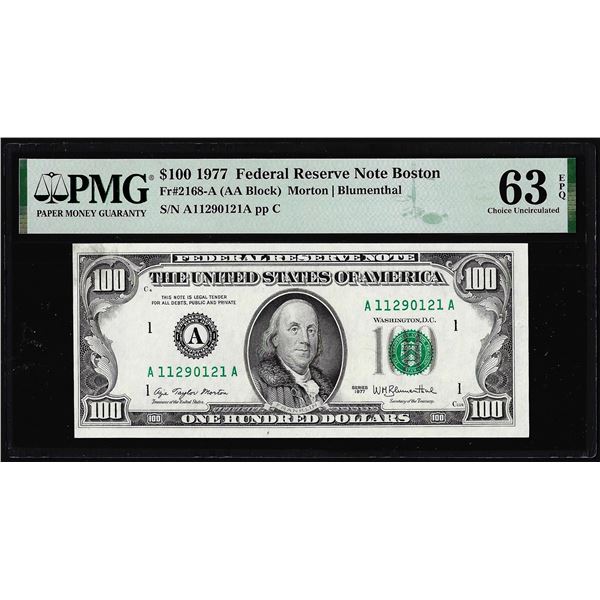 1977 $100 Federal Reserve Note Boston Fr.2168-A PMG Choice Uncirculated 63EPQ