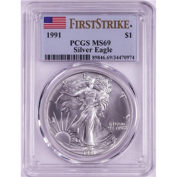 1991 $1 American Silver Eagle Coin PCGS MS69 First Strike
