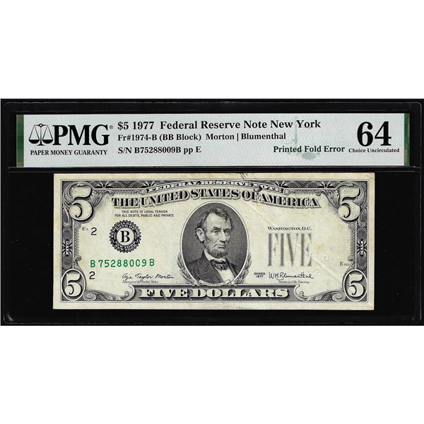 1977 $5 Federal Reserve Printed Fold Over Error Note PMG Choice Uncirculated 64