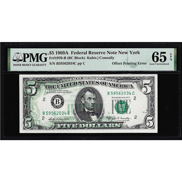 1969A $5 Federal Reserve Partial Offset Error Note PMG Gem Uncirculated 65EPQ