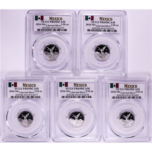 Lot of (5) 2016-Mo Mexico Proof 1/10 oz Silver Libertad Coin PCGS PR69DCAM