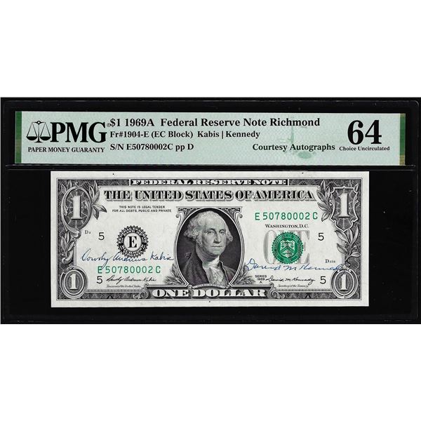 1969A $1 Federal Reserve Note PMG Choice Uncirculated 64 Dual Courtesy Autograph