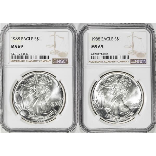 Lot of (2) 1988 $1 American Silver Eagle Coin NGC MS69