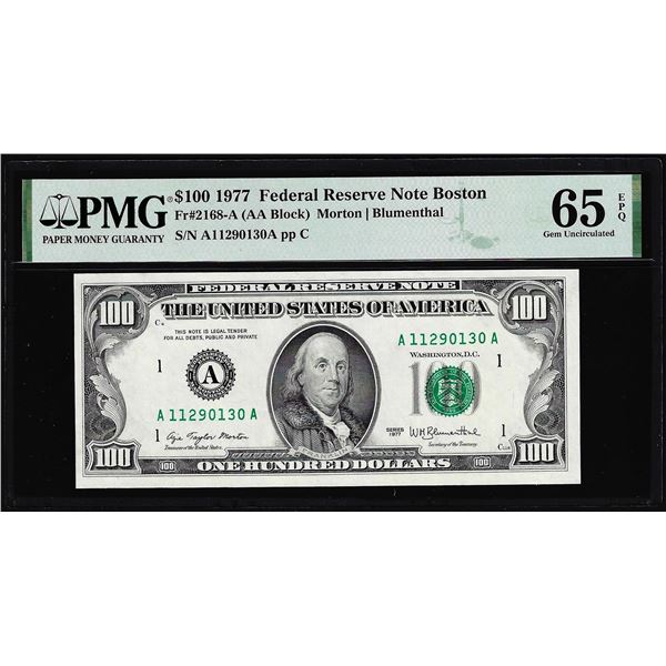 1977 $100 Federal Reserve Note Boston Fr.2168-A PMG Gem Uncirculated 65EPQ
