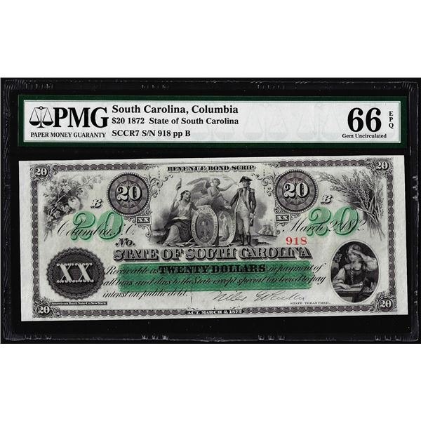 1872 $20 State of South Carolina Obsolete Note PMG Gem Uncirculated 66EPQ
