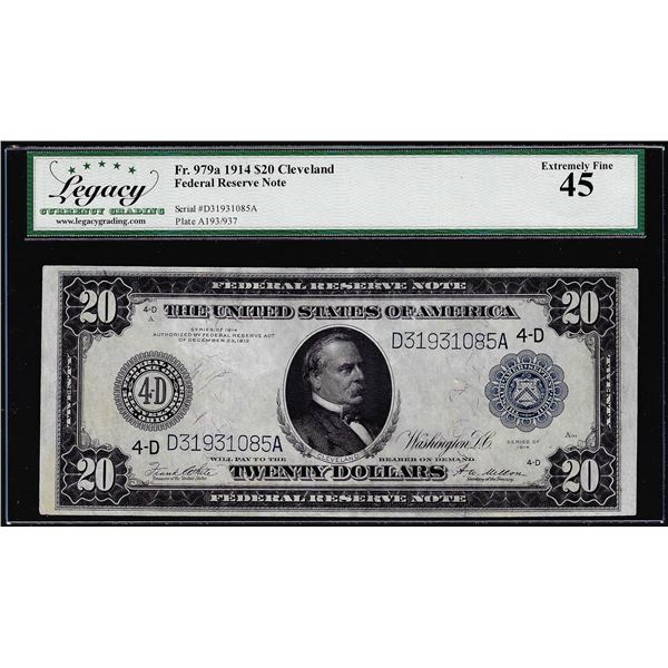 1914 $20 Federal Reserve Note Cleveland Fr.979a Legacy Extremely Fine 45