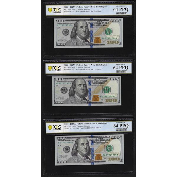 (3) Consec. 2017A $100 Federal Reserve Bank Notes PCGS Choice Unc. 64PPQ Fancy Serial