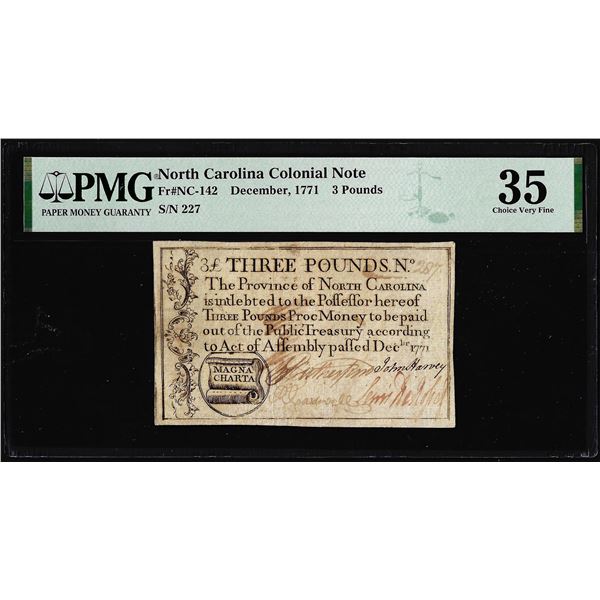 1771 North Carolina 3 Pounds Colonial Note NC-142 PMG Choice Very Fine 35 Magna Charta