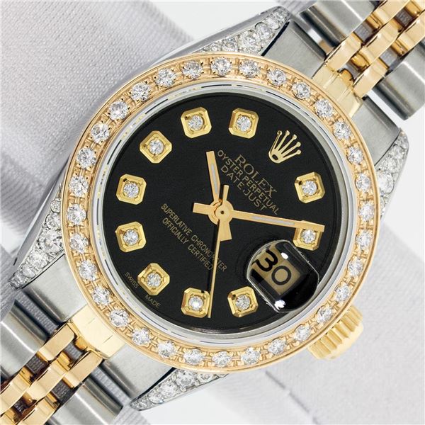 Rolex Ladies Two Tone Black Diamond Datejust Wristwatch