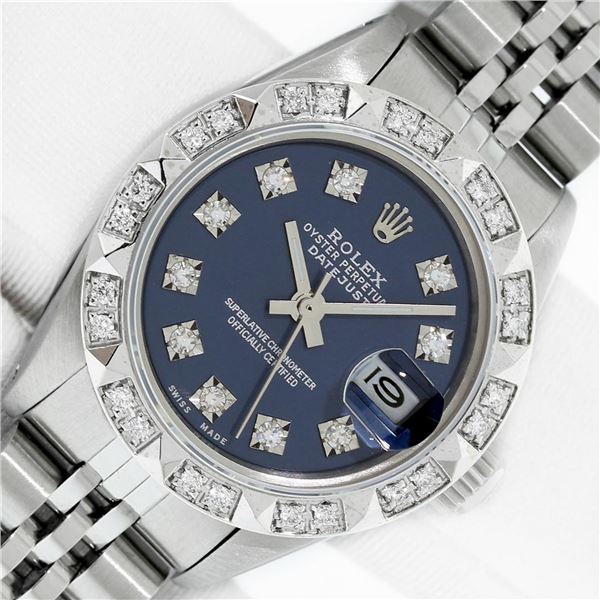 Rolex Ladies Stainless Blue Diamond Pyramid Diamond Datejust Wristwatch
