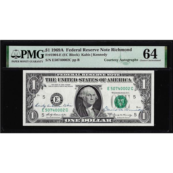 1969A $1 Federal Reserve Note PMG Choice Uncirculated 64 Dual Courtesy Autograph