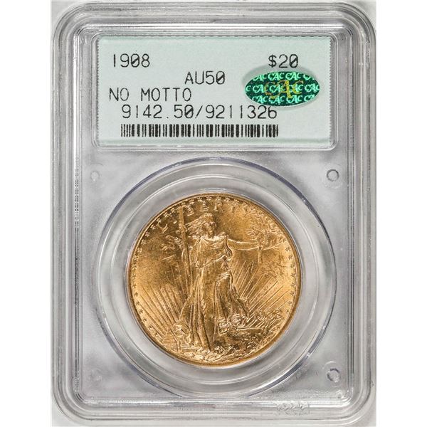 1908 No Motto $20 St. Gaudens Double Eagle Gold Coin PCGS AU50 CAC Old Green Label