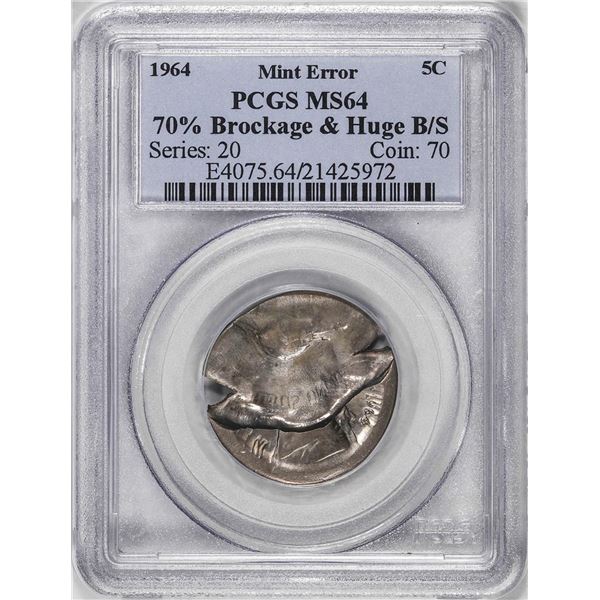 1964 Jefferson Nickel Coin Mint ERROR 70% Brockage & Huge Broadstruck PCGS MS64