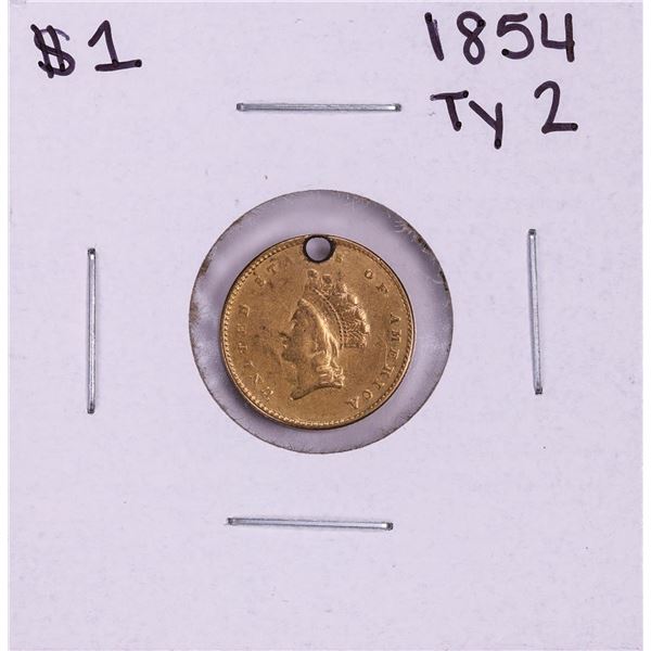 1854 Type 2 Indian Princess Head Gold Dollar Coin w/ Hole