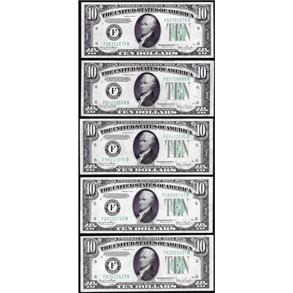 Lot of (5) 1934A $10 Federal Reserve Notes Atlanta
