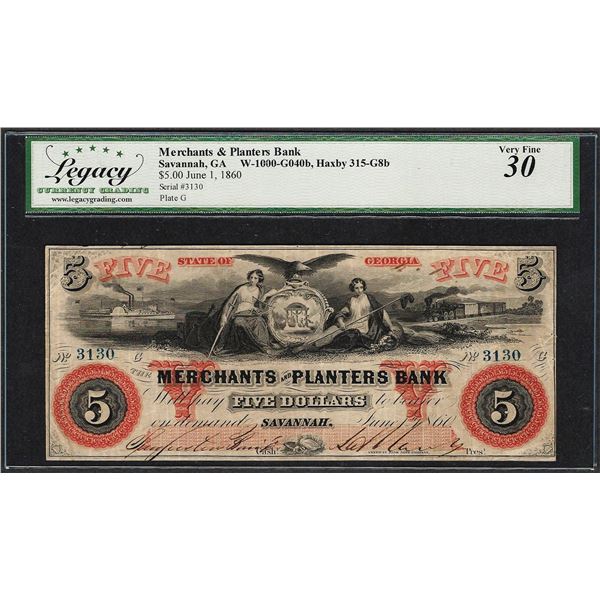 1860 $5 Merchants & Planters Bank Savannah, GA Obsolete Note Legacy Very Fine 30