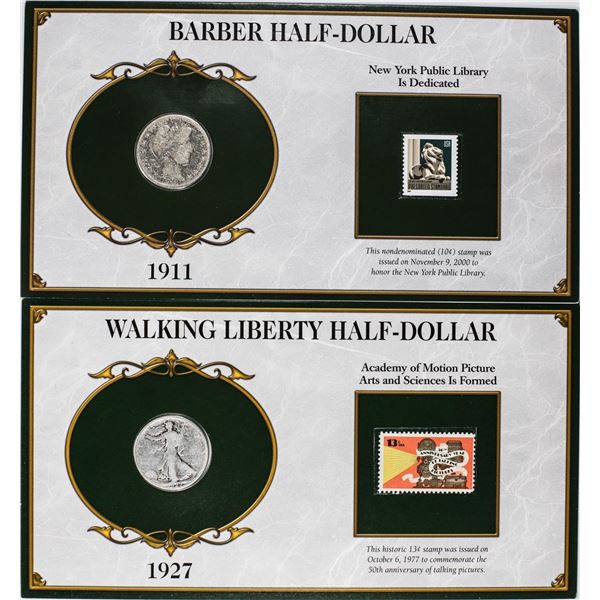 Lot of 1911 Barber & 1927-S Waking Liberty Half Dollar Coins and Stamp Panels