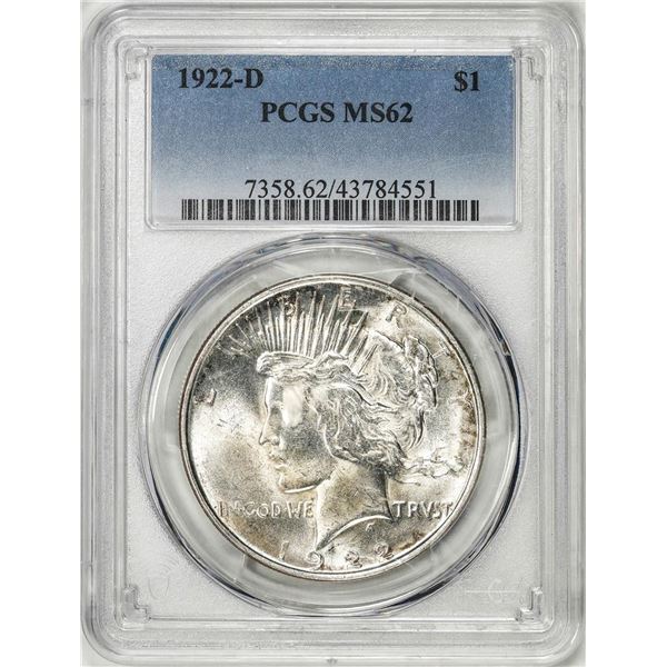 1922-D $1 Peace Silver Dollar Coin PCGS MS62