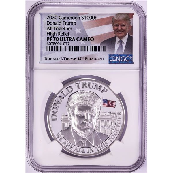 2020 Cameroon 1000 Francs High Relief Donald Trump Silver Coin NGC PF70 Ultra Cameo