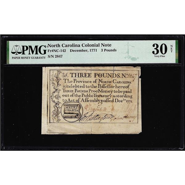 1771 North Carolina 3 Pounds Colonial Note NC-142 PMG Very Fine 30 Net Magna Charta