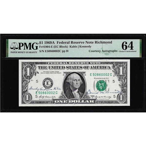 1969A $1 Federal Reserve Note PMG Choice Uncirculated 64 Dual Courtesy Autograph