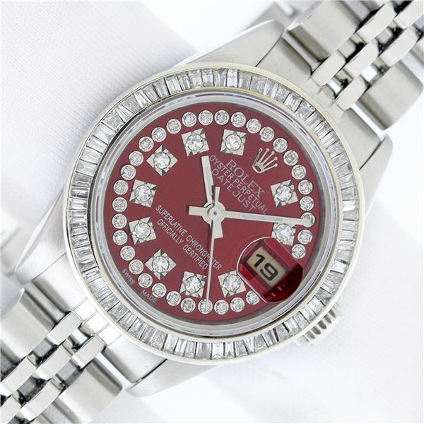 Rolex Ladies Stainless Steel Red 2.25 ctw Diamond Datejust Wristwatch