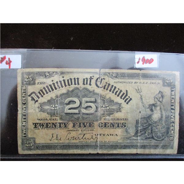 1900 (COURTNEY SIGNATURE) CANADA 25 CENT SHIP PLASTER BANK NOTE
