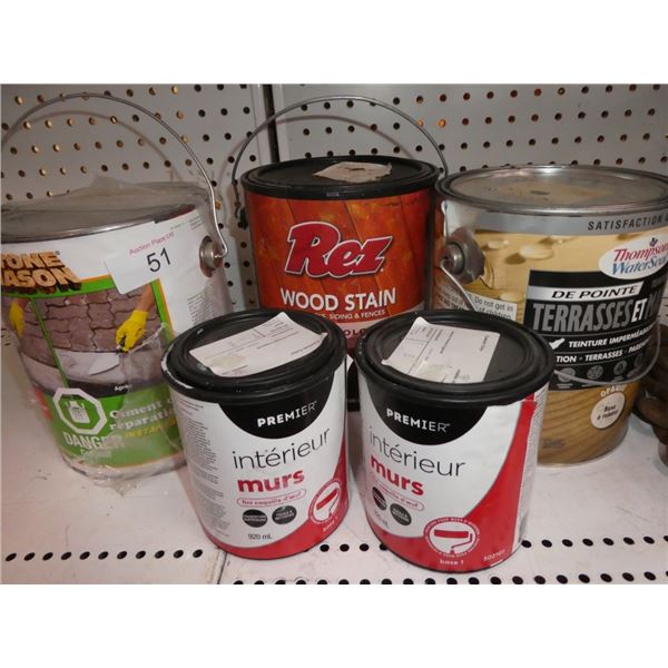 int paint eggshell 920mL x2, wood stain, cement