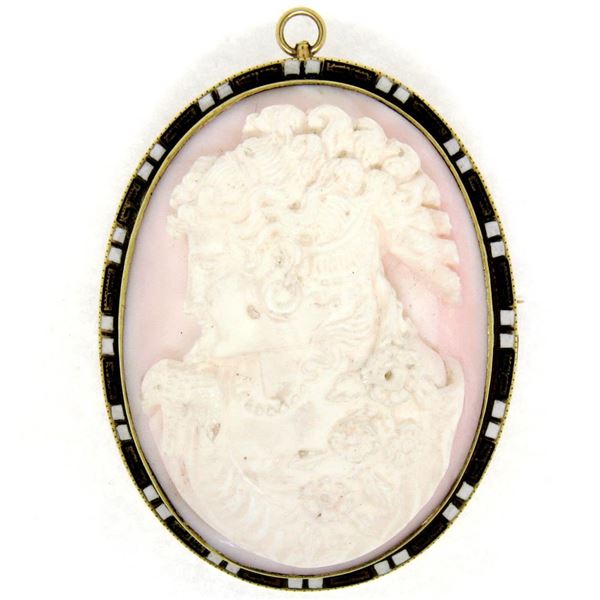 Antique 14K Yellow Gold LARGE Carved Coral Cameo Enamel Frame Brooch Pin Pendant