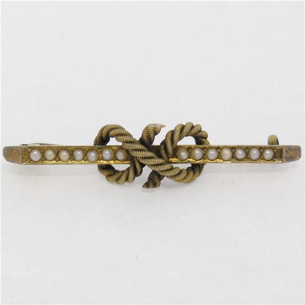 Antique Victorian 15k Yellow Gold Seed Pearl Knot Bar Pin Brooch