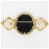 Image 4 : Vintage 14k Yellow Gold Black Onyx Floral Mosaic Sapphire and Pearl Brooch Pin
