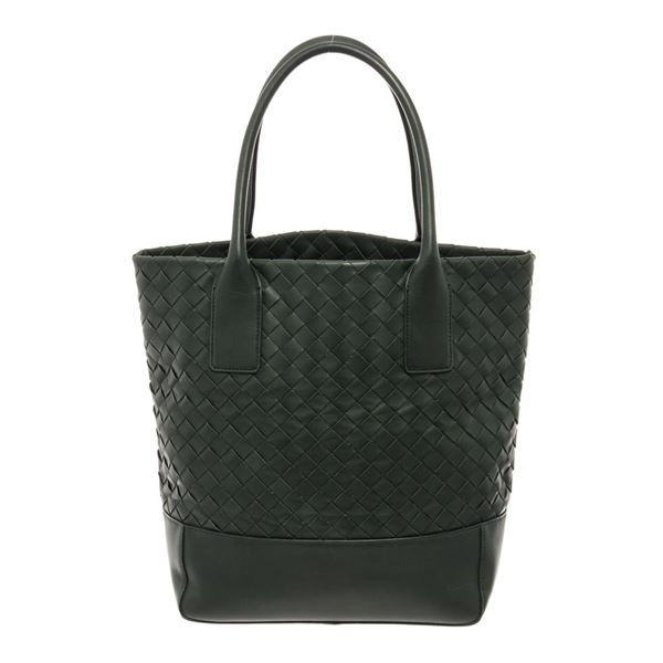 Bottega Veneta Green Leather Intrecciato Weave Open Tote Bag