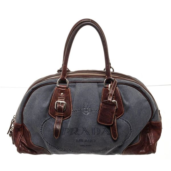 Prada Blue Denim Leather Bowler Shoulder Bag