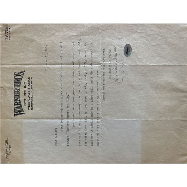 Warner Brothers Humphrey Bogart signed letter. ACE authenticated