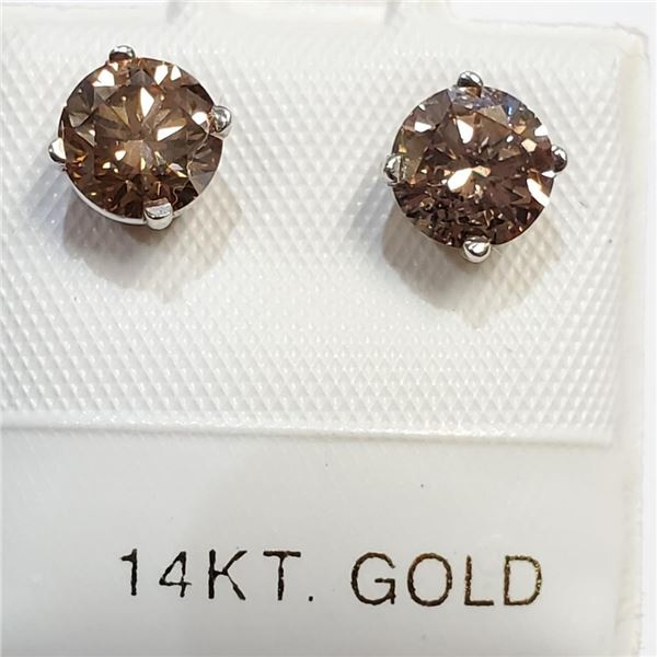 14K White Gold  Diamonds (1.48Ct, Si1-Si2, Brown) Solitaire Earrings  , Made in Canada, Appraised Re