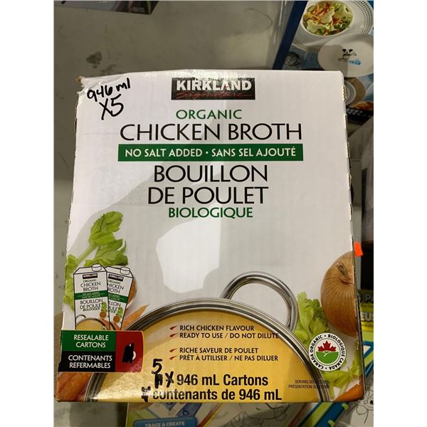Kirkland Organic Chicken Broth No Salt added 5x946ml Cartons