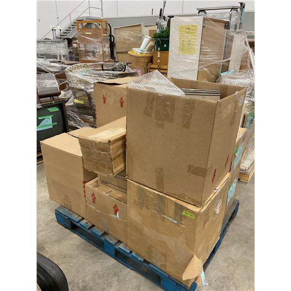 PALLET OF SET DEC HOME DECOR ITEMS-LAMPS, SHADES, PLATES, VASES, VELVET CURTAINS, ETC