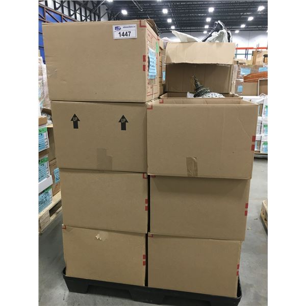 PALLET OF SET DEC ITEMS- LAMPS, LIGHTING, VASES, RECORDS, PILLOWS, ETC