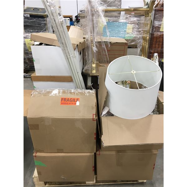 PALLET OF SET DEC ITEMS-LAMPS, VASES, SMALL SIDE TABLE, PILLOWS, CUSHIONS, ETC