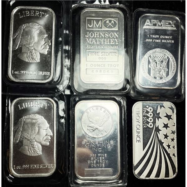 (6) Assorted 1 ozt .999 Silver Bars
