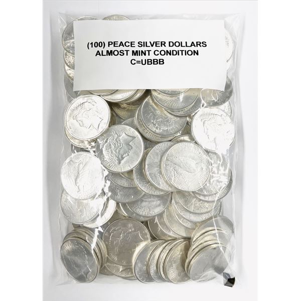 Bag $100 Peace Silver Dollars Almost Mint (100-coins)