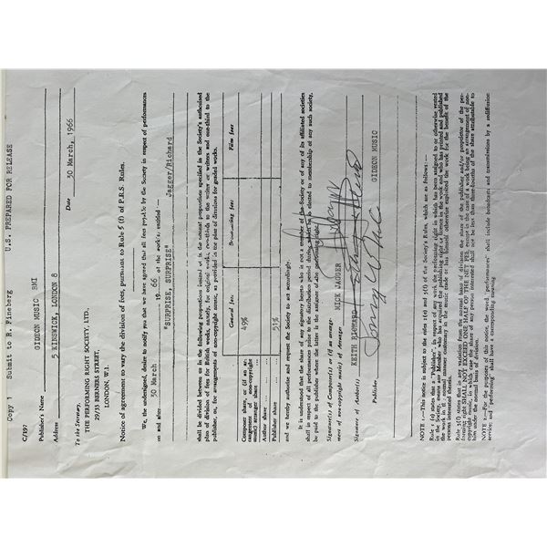 The Rolling Stones Mick Jagger and Keith Richard signed contract
