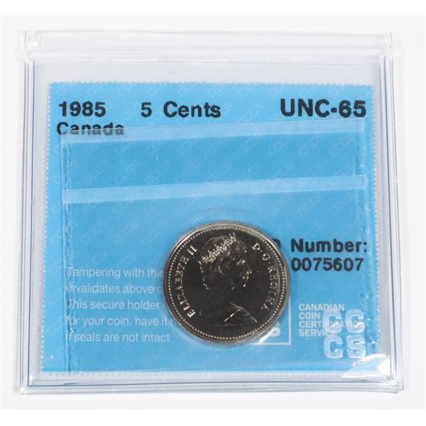 1985 5 CENT UNC 65 (MS) GRADED BY C.C.C.S.