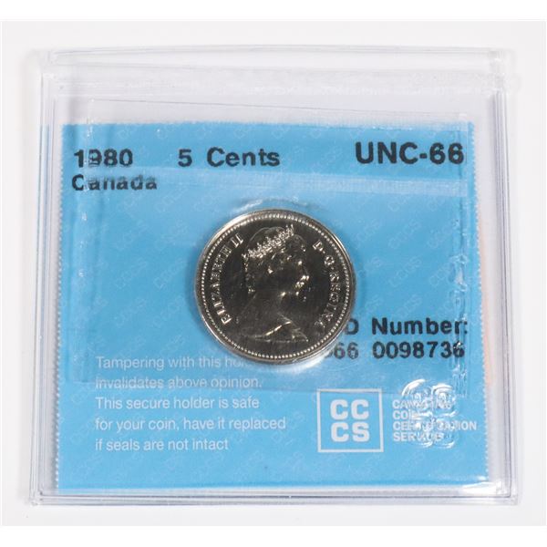 1980 5 CENT UNC 66 (MS) GRADED BY C.C.C.S